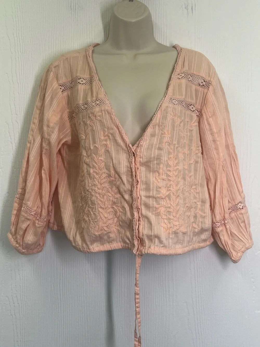 Free People - Follow Your Heart Peach Embroidered Lace Button Down Blouse SZ LG